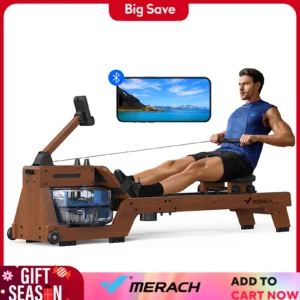 MERACH Water Rowing Machine Solid Wood Row with Professional Monitor Bluetooth-Connected APP for Rower New Upgraded Seat Cushion