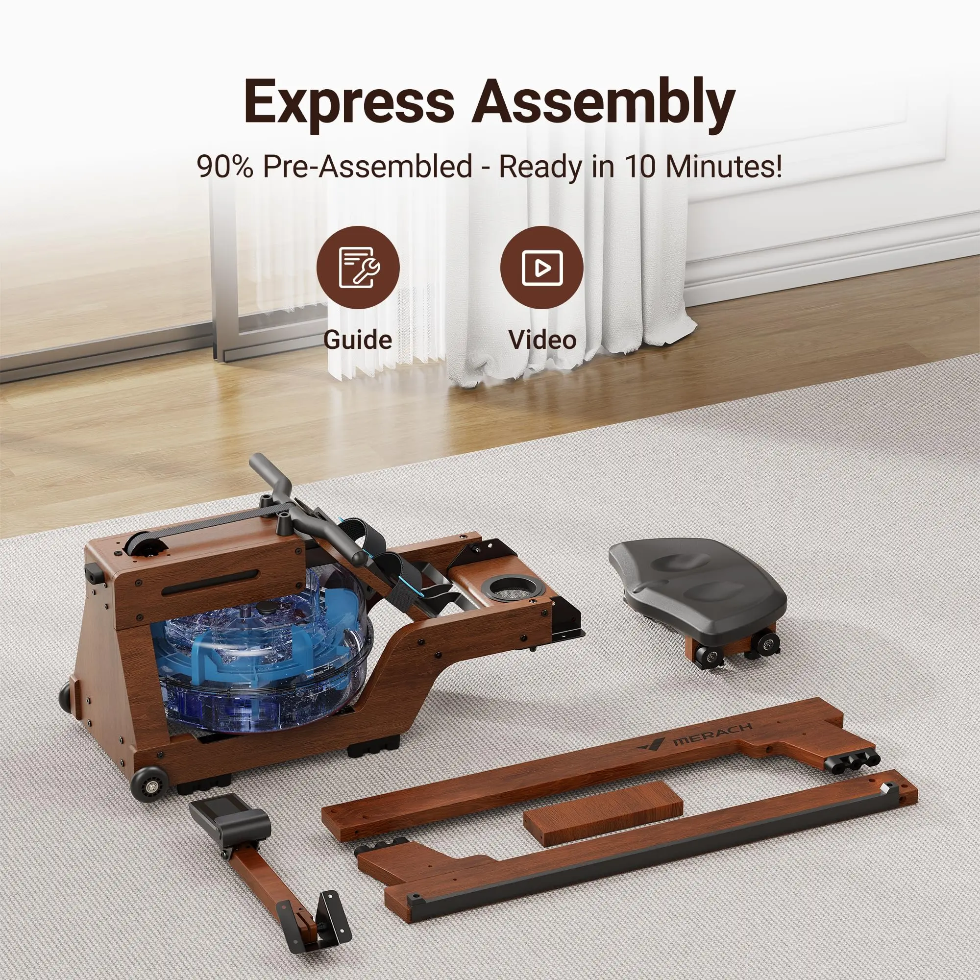 MERACH Water Rowing Machine Solid Wood Row with Professional Monitor Bluetooth-Connected APP for Rower New Upgraded Seat Cushion - Image 5