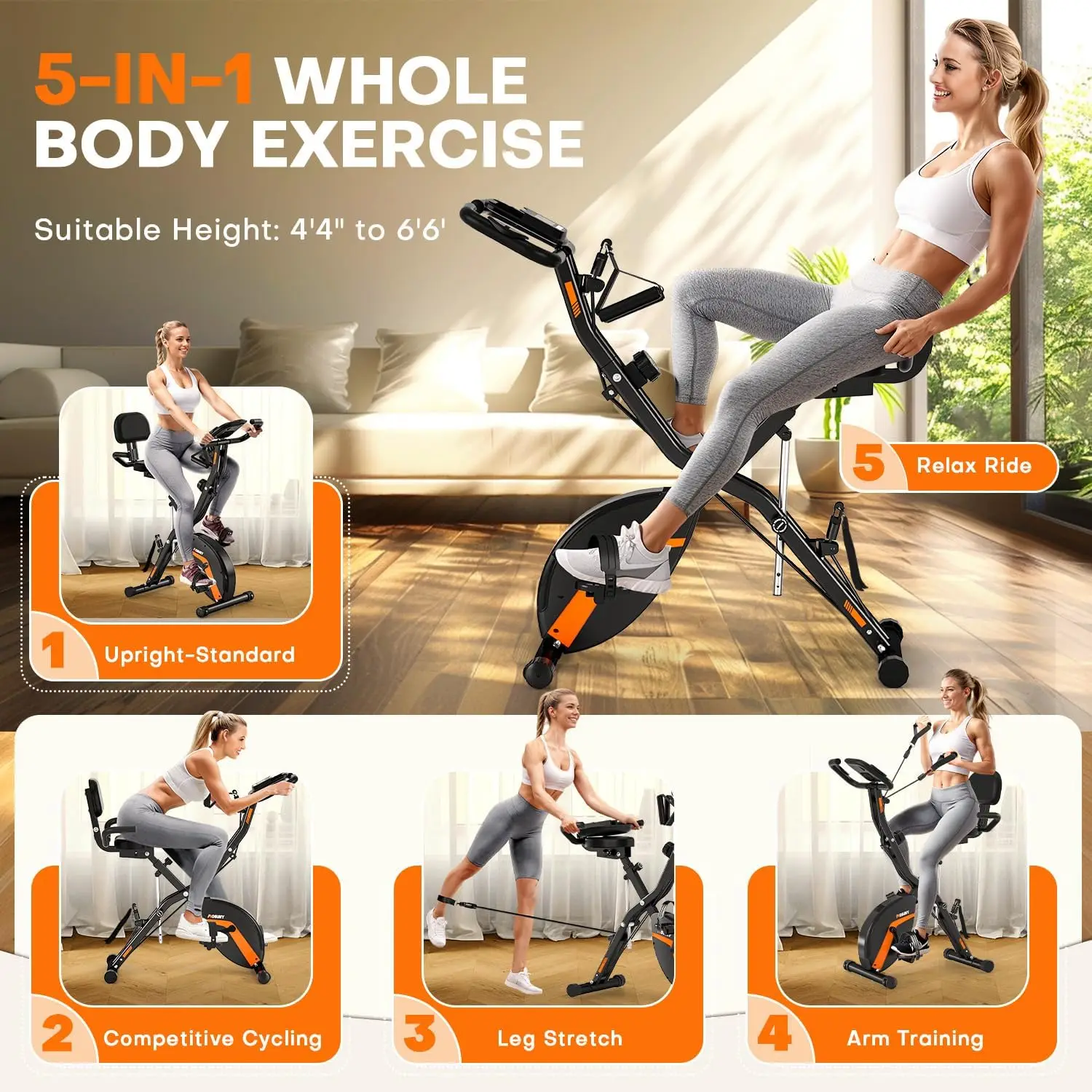 Bike, MOSUNY 5-in-1 Stationary Bike With 10DB Super-Silent, Folding Exercise Bike with 16-Level Adjustable Magnetic Res - Image 2