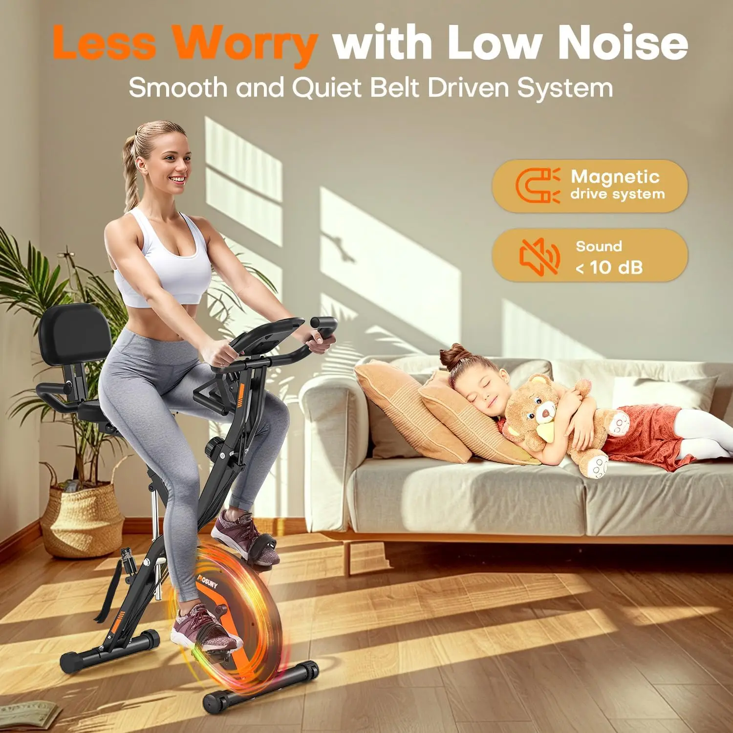 Bike, MOSUNY 5-in-1 Stationary Bike With 10DB Super-Silent, Folding Exercise Bike with 16-Level Adjustable Magnetic Res - Image 3