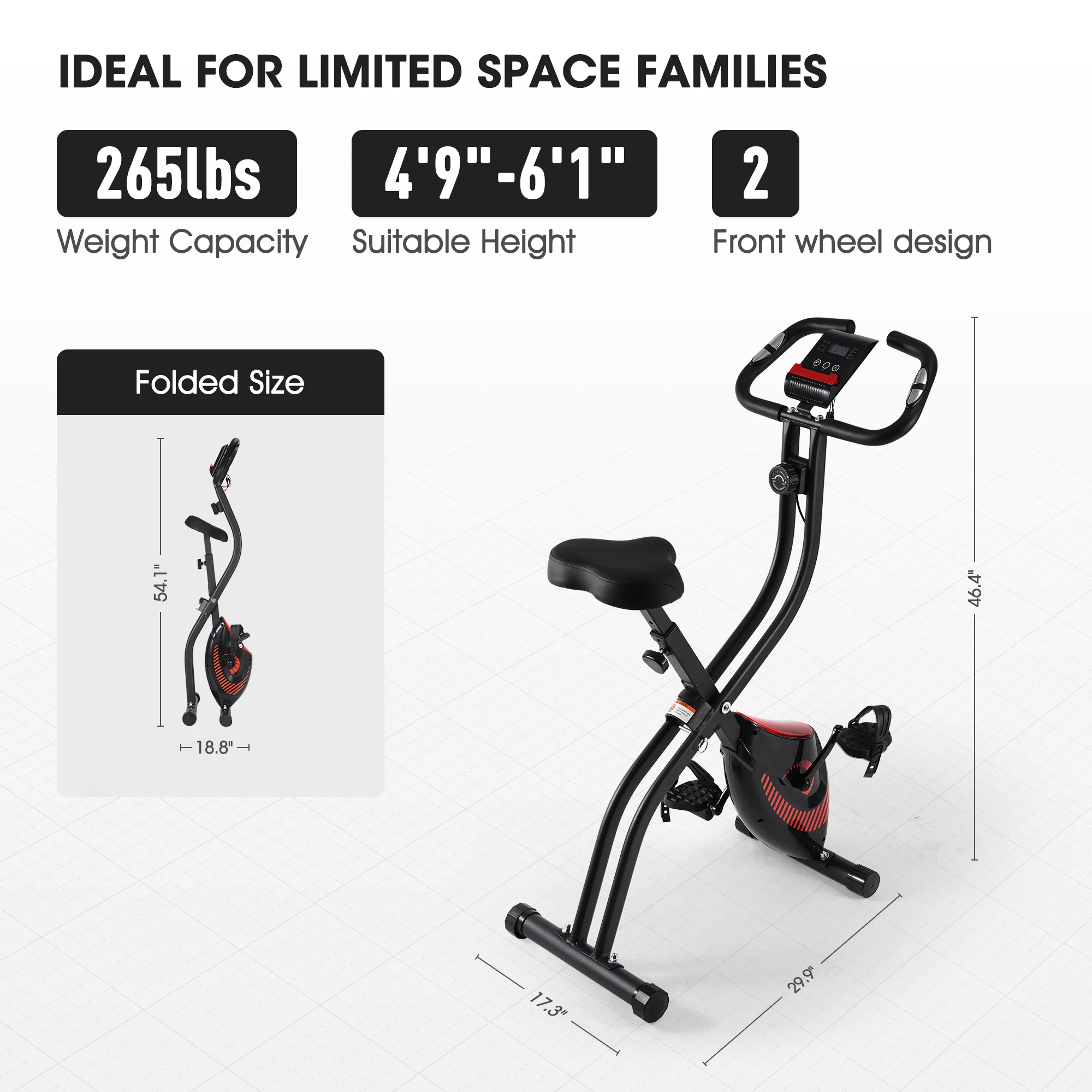 Exercise Bike Folding Stationary Bike Recumbent Exercise Bike Machine Home with LCD Monitor Phone Holder Portable - Image 4